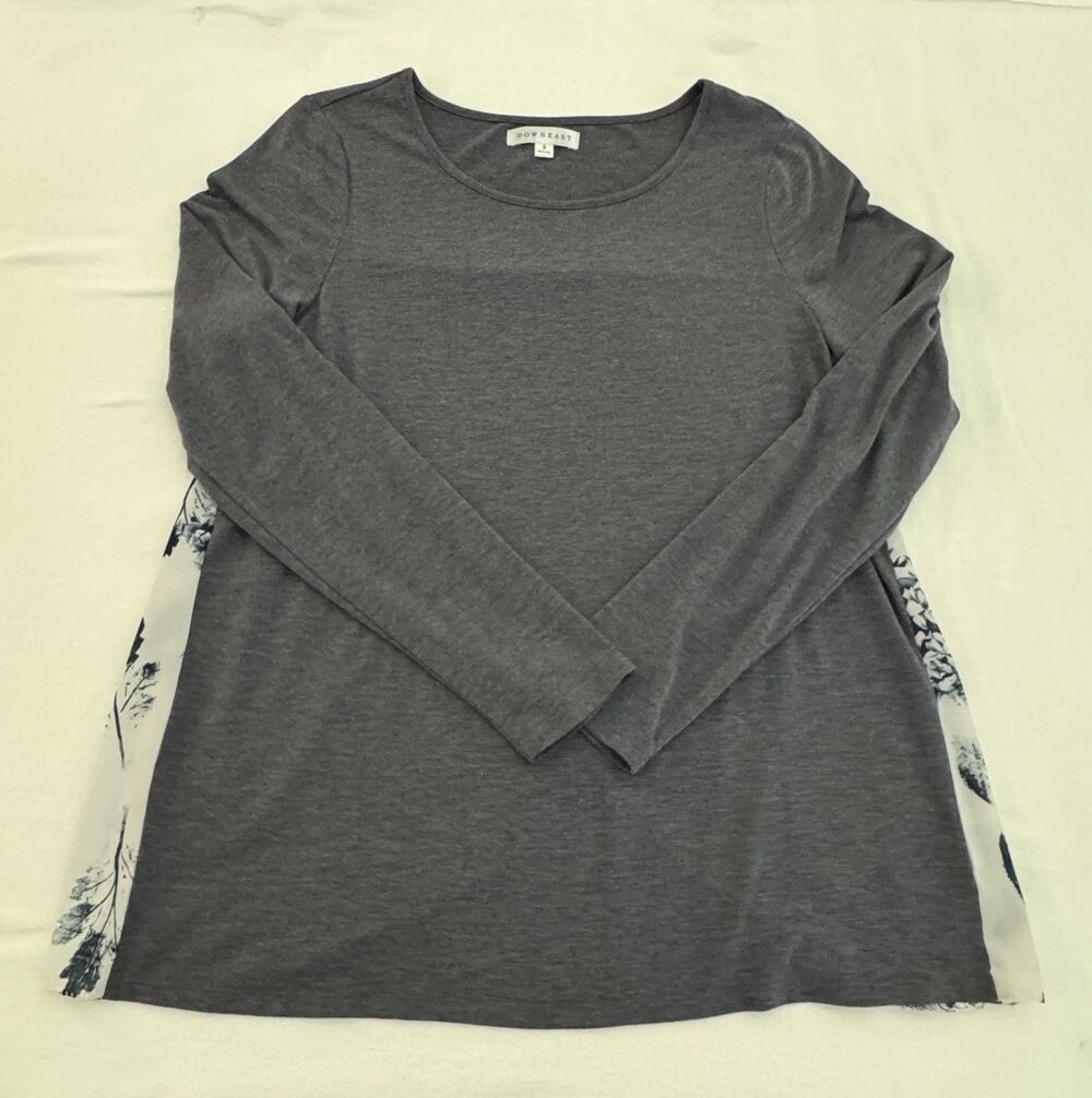 Downeast Gray Floral Scoop Neck Long Sleeve Pullover Top Women’s S